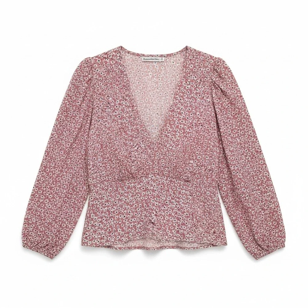 Abercrombie & Fitch Blouse M Medium Pink Floral Smocked V-Neck Cottagecore Ditsy